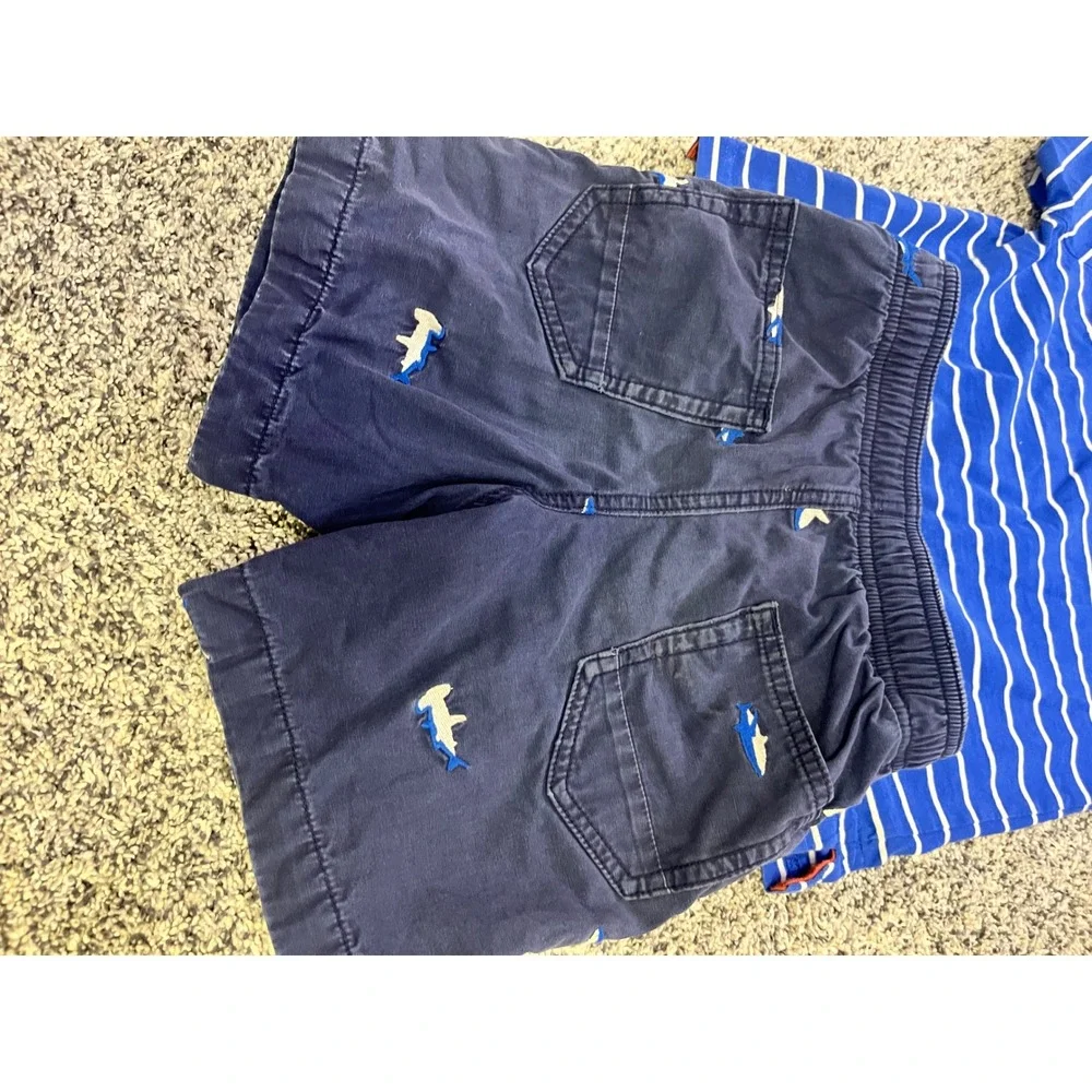 Hanna Andersson Boys Blue White Striped Polo Shark Embroidered Shorts Set Size 5